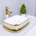 Luxart Luxury Tabletop Wash basin For Bathroom | White Gold Golden Glossy Ceramic Wash Basin over counter For Bathroom Kitchen Hotel Home (18 x 14 x 5 Inch) (LIZA-G-529)
