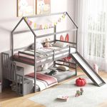 KOMFOTT Wood Twin Over Twin House Bunk Bed with Slide & Storage Staircase, Solid Pine Wood Bunk Bed Frame with Safety Guardrails, House Bunk Bed Frame for Kids, Teens, No Box Spring Needed