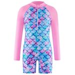 PUPYGIYUC Girls Swimming Costumes Mermaid Swimsuit Gilrs All in One Swimming Costume Long Sleeve Zipper Beach Bathing Swimwear for 5-6 Years Kids Pink