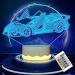 CooPark Car 3D Night Light, LED Racing Illusion Hologram Lamp 16 Color Changing with Remote Control + Timer + Warm White Light + Type-C Port, Best Plug in Birthday Vehicle Gift for Boys Men Kids