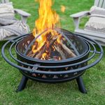 PaPaJet 35 Inch Fire Pit with 2 Loops, Outdoor Wood Burning Fire Pit Crossweave with Spark Screen Fire Poker, Backyard Patio Camping Beach Bonfire Pit, Black