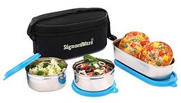 Signoraware Stainless Steel Double Decker Special Steel Lunch Box with Black Bag, Blue, 350 ml+ 350 ml+ 650 ml - Set of 3