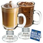 Irish Glass Coffee Mugs, Latte Cups, Set of 2 Cappuccino and Hot Chocolate Mugs with Handle, Clear Glass Mugs for Hot Beverages, 7 3/4 oz