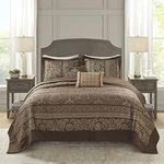 Madison Park Bellagio Reversible Quilted Bedspread Set, Solid Reverse Summer Breathable, Lightweight All Season Bedding Layer, Matching Shams, Bedspread Queen(102"x118"), Brown 5 Piece