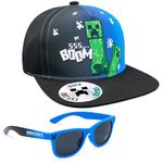 Minecraft Baseball Cap and Kids Sunglasses Set, Creeper Adjustable Boys Hat 100% UV Protection Kids Sunglasses Boys Holiday Accessories Gamer Gifts (Black/Blue)