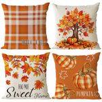 Fall Throw Pillow Covers 20x20 Set of 4 Thanksgiving Pumpkin Pillow Covers Plaid Orange Autumn Pillow Case Maple Leaves Cushion Covers Outdoor Sofa Couch Home Decorations 20 Inch