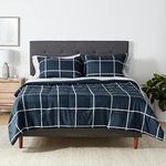 Amazon Basics 7-Piece Lightweight Microfiber Bed-in-a-Bag Comforter Bedding Set - Full/Queen, Navy with Simple Plaid