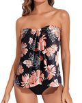 Tempt Me Two Piece Tankini Bathing Suits for Women Halter Bandeau Swim Top with Bottom Flyaway Tummy Control Swimsuit, Floral Black, Medium