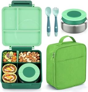 Bento Lunch Box Set for Kids with 8oz Soup Thermo, Leak-Proof Lunch Containers with 4 Compartment, Kids Thermo Hot Food Jar and Insulated Lunch Bag for Kid to School-Green