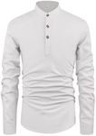 HOOGRIN Boys Cotton Linen Henley Shirt Button Down Shirt Long Sleeve T Shirt Beach Shirt Tee Casual Solid Tops,White,7 Years-8 Years