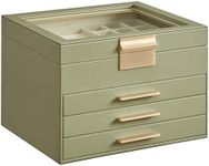 SONGMICS Jewelry Box with Glass Lid, 4-Layer Jewelry Organizer, 3 Drawers, for Big and Small Jewelry, Jewelry Storage, Christmas Gift, 8 x 9.1 x 6.5 Inches, Avocado Green and Gold Color UJBC173C02