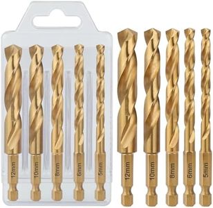 Vearter 5PCS HSS M2 Twist Drill Bit Set, 5/6/8/10/12mm Hex Shank Quick Change Jobber Drill Bit, Titanium Coated Metal Drill Bit for Hard Steel, Wood, Plastic