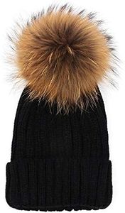 Vpang Winter Knitted Beanie Hat Soft Warm Wool Hat with Removable Faux Fur Pom Pom (Black)