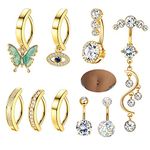 Subiceto 9 PCS 14G Belly Button Ring Clicker Belly Button Ring Surgical Steel Belly Rings For Women CZ Navel Piercing Jewelry Silver Gold Belly Button Rings Pack Dangle Butterfly Evil Eye