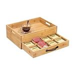 Navaris Bamboo Tea Box and Tray - Serving Tray with Storage for Tea Bags with Bag Organiser Drawer - 12 Compartment Tea Storage with Carry Tray