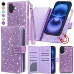 Varikke Compatible with iPhone 16 Plus Wallet Case, Detachable Magnetic Flip Case with [RFID Blocking] Card Holder, Kickstand, Wrist Strap, Glitter PU Leather, 6.7 Inch, Light Purple