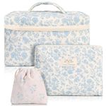 3 Pack Floral Cotton Makeup Bag Set, Large Travel Quilted Makeup Bag for Women Girls, Coquette Aesthetic Toiletry Bag, Large and Medium Cosmetic Bag with Drawstring Bag