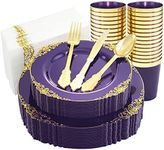 Nervure 175PCS Clear Purple Gold Plastic Plates for 25 Guests Include 25Dinner & 25Dessert Plates, 25Cups, 25Forks, 25Knives, 25Spoons, 25Napkins for Wedding&Party