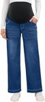 OUGES Women's Stretchy Maternity Jeans Cotton Blend Relaxed Straight Leg Fit Over Belly High Waist Denim Business Casual Work Maternity Pants Mom Jeans Fall Maternity Clothes with Pockets(Blue,S)