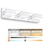 3 Color Temperature Dimmable Bathroom Light Fixtures Over Mirror LED Chrome 3 Light Bathroom Vanity Light Fixtures Acrylic Stainless Steel Square Shade Vanity Lights for Bathroom, ETL Certificated