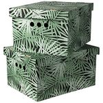 SOFTILLO Cardboard Storage Boxes with Lid Decorative Wardrobe, Closet, Home & Office Organiser with Handle Flat-Packed, Stackable File Box Gift for Adults & Kids Set of 2 Large Tropical Green