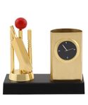 ZAHEPA Desk Organizer | Elegant Gold Finish Metal Pencil Holder with Cricket Theme and Analog Table Clock | Stylish Pen Stand | Ideal Gift for Cricket Lovers and Office Desk Accessories.