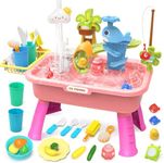 21" H Play Sink with Running Water, 4-in-1 Kids Kitchen Sink Toy with Electric Faucet, Mini Water Table with Detachable Legs, Fishing Game, Pretend Play Dishwasher Gift Set for Boys & Girls(Pink)