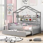 Merax Twin Size House Bed with Trundle, Wooden Twin Size Platform Bed Frame with Shelf, No Box Spring Needed, Gray