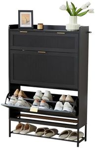 affeivul Hidden Shoe Cabinet for Entryway Slim, Free Standing Narrow Shoe Rack Cabinet Rattan Carving, 2 Flip Drawer Shoe Storage Organizer Cabinet for Closet,Door,Dorm,Garage,Small Spaces - Black