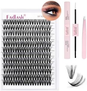 FADLASH DIY Lash Extension Kit Individual Lashes Cluster D Curl Eyelash Extension Kit with Lash Bond and Seal and Lash Applicator Tool for Self Application at Home (40D-0.07D-12-18MIX KIT)