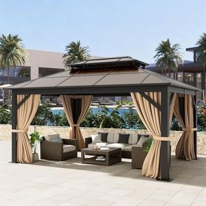 DWVO 10x12ft Hardtop Gazebo Double Roof Polycarbonate Canopy Outdoor with Netting and Shaded Curtains, Aluminum Frame Garden Tent for Patio, Backyard, Deck and Lawns, Brown
