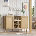 Giluta Rattan Wine Bar Cabinet 2-Door Farmhouse Liquor Cabinet with Wine Rack and Glass Holder, Rustic Oak Sideboard Buffet Storage Modern Wood Coffee Cabinet for Dining Room Living Room Kitchen