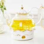 DUJUST Blooming Teapot with Warmer, 1.2L Glass Teapot with Removable Glass Infuser for Loose Tea, Borosilicate Glass Teapot for Stovetop Safe, Luxury Design with Relief Decor & Gold Trims, Tea Gift