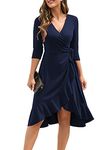 Owin Women's 2023 Winter Cocktail Dresses 3/4 Sleeve Wrap V Neck Swing A Line Ruffle Ruched Evening Party Dress Navy S