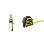 Stanley Aviation Snips – Straight Cut (2-14-563), Black and Yellow & TYLON Tape Measure 5M/16 Inches Compact Case with Cushioned Grip Metric and Imperial System 1-30-696, YELLOW