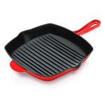 NutriChef Nonstick Cast Iron Grill Pan - 11-Inch Kitchen Square Cast Iron Skillet Grilling Pan, Enameled Cast Iron Skillet Steak Pan w/Side Drip Spout for Electric Stovetop, Induction, Gas, red