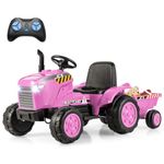 HONEY JOY Kids Ride On Tractor, 12V Battery Powered Electric Tractors with Trailer, LED Lights, Music, 3-Gear-Shift Ground Loader, Toddler Ride On Car with Remote Control (Pink)