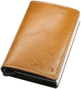 HH CaresWe - Tarjetero Hombre y Mujer - De Cuero y Aluminio - Ligero, Elegante - Capacidad 9 Tarjetas y Documentos + Billetera - Sistema Anticopia RFID/NFC - Pop Up Click Rápido (Marron Claro)
