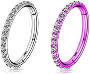 BLISI 2PCS G23 Titanium Nose Rings Hoop 18G 8mm Clear CZ Lined Conch Helix Cartilage Earring Hoop Silver and Pink Lip Hinged Segment Ring