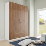 VIKI Wardrobe | Wooden Almirah for Clothes,Door for Bedroom with Loft, 4 Door Wardrobe with Drawer & Hanging Space (Frosty White with Brussel Walnut - 40Dx160Wx180H) | 1 Year Warranty | Free Assembly