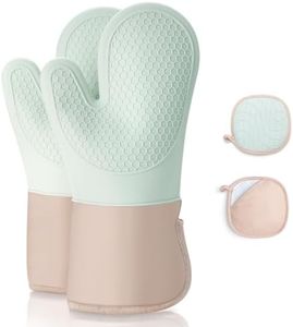Romon Gants de Four, Lot de 4 Gants et Maniques de Cuisine Résistants à la Antidérapants, Anti Chaleur Jusqu'à 350°C, en Coton Doux, Longs et Flexibles en Silicone Épais pour Cuisine Pâtisserie, Vert