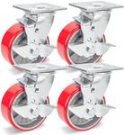 Nefish 5 Inch Industrial Casters Set of 4, Heavy Duty Casters with Brake 4000 Lbs, No Noise Polyurethane Wheel on Steel Hub, Swivel Plate Caster Wheels for Toolbox Workbench (4 Swivel & Brakes)