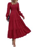 KIRUNDO Women Fall Wedding Guest Dress Elegant Puff Long Sleeve Smocked Empire Waist Swing Flowy Long Dresses with Pockets, Wine Red, Large