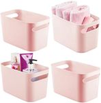 mDesign Deep Plastic Bathroom Bin with Handles, Storage Organizer for Vanity Countertop, Hold Soap, Body Wash, Shampoo, Lotion, Conditioner, Hand Towels - 10" Long, Aura Collection, 4 Pack, Light Pink