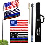 The Traveler Portable Two Flag, Pole Kit. Includes Two Beautiful 3’x5’ Flags Steel Ground Spike,14ft Fiberglass Retractable Pole, And A Storage Bag.