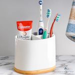 DAILY RITMO® Large Toothbrush Holder for Bathrooms with Bamboo Base | Modern 3 Slots Compartment White Ceramic Marble Like Toothpaste Cup for Electric and Kids Tooth Brushes