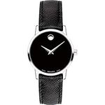 Movado Women's 28mm Black Leather Band Steel Case Quartz Analog Watch 0607204