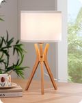 EDISHINE Modern Tripod Table Lamp, 17.5" Bedside Lamp with Natural Wood Light Legs & White Linen Lampshade, Nightstand Lamp for Bedroom, Living Room, Reading Room, E26 Base