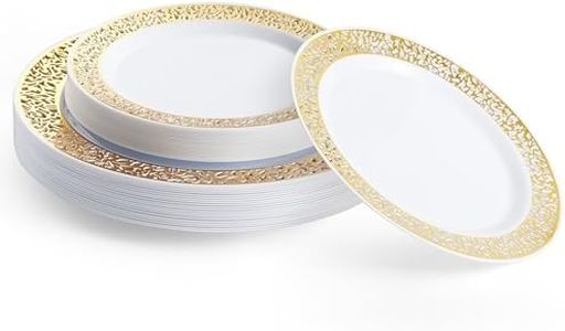 MATANA 40 Assiettes en Plastique Réutilisables Blanches Premium avec Bord Doré (20 Assiettes Plates, 20 Assiettes à Dessert) - Solide et Élégant pour Mariages, Anniversaires, Fêtes