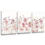 SUMGAR Pink Flower Wall Art Bedroom 3 Piece Romantic Floral Wildflower Plants Nature Scenery Canvas Watercolour Paintings, Red Bloom Pictures for Teen Girl Room Living Room, 12 x 16 inch